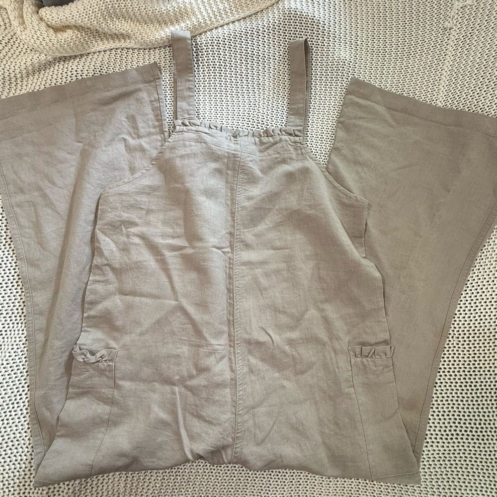 100% Linen light tan/ Sand colored Women's Cropped Wide Leg Jumpsuit Medium Boho - Picture 2 of 10